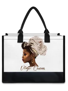 Élégant sac cabas en toile à bordure noire avec un magnifique imprimé reine Vierge noire.