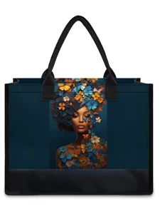 Stylish black woman floral butterfly canvas tote bag large capacity casual shoulder bag.