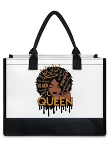 Stylish black and white canvas tote bag featuring black handles and queen graphic print.