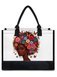 Canvas tote bag featuring a stylish black woman floral print with black handles and bottom.