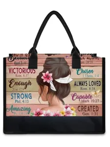 Canvas tote bag with scripture print, stylish shoulder handbag for women daily use