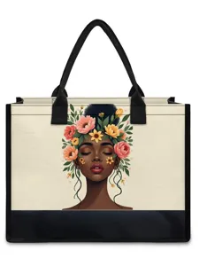 Segeltuch Tragetasche mit schwarzem Besatz und Blumen schwarze Frau Kunstdruck für Alltag.