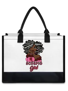Stylish black and white canvas tote bag with Scorpio girl graphic print, casual shoulder bag.