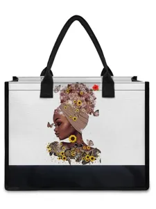 Canvas tote bag featuring stylish black girl art print, sunflowers and durable black handles.
