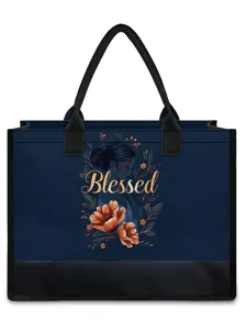 Stilvolle dunkelblaue Segeltuchtasche mit Blumen-Frauen-Grafik und Blessed-Druck für den Alltag
