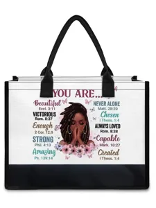 Black woman canvas tote bag, inspirational faith quote printed shoulder bag with black trim.