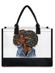 Sac cabas en toile noire et blanche avec un superbe motif graphique de fille stylisée.