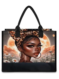 Fashion black girl leopard bow canvas tote bag shoulder handbag for women daily use.