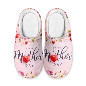 Muttertag rosa Plüsch Hausschuhe warme flauschige Schuhe mit süßem Herz und Gänseblümchen Druck.