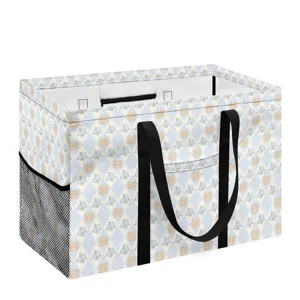 Panier de rangement pliable imprimé d'ours mignon avec poignées noires et poche latérale.
