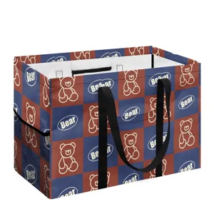 Panier de rangement pliable avec joli motif d'ours et carreaux bleu rouge, poignées.