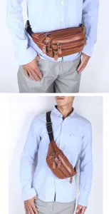 Detail einer braunen Leder-Gürteltasche und Brusttasche an einem asiatischen Model