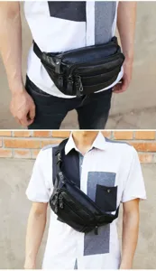 Schwarze Leder-Gürteltasche, von einem Model als Hüft- und Brusttasche getragen.