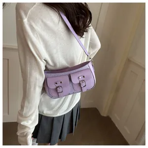 Borsa a spalla retro viola con due tasche frontali, elegante borsa baguette da donna.