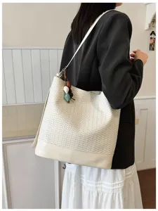 Women woven bucket bag vintage stylish shoulder crossbody handbag chic white leather purse