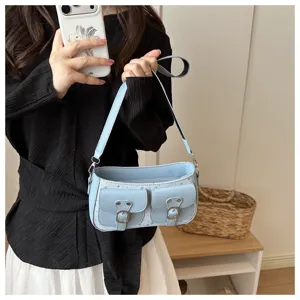 Borsa a tracolla retrò azzurro chiaro donna, elegante borsa baguette sottobraccio con doppie tasche.