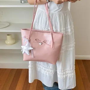 High-End PU Leather Bucket Bag For Women With Bow Heart Star Charm Fashion Commuting Shoulder Crossbody Bag Handbag