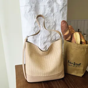 Trendy woven bucket bag for women, retro chic single shoulder crossbody handbag main view