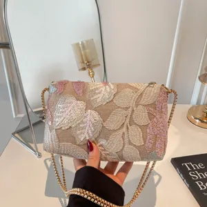Dames Bohemian Geborduurde Pailletten Schoudertas Elegante Stof Enveloppe Clutch Met Metalen Ketting Mode Feest Handtas