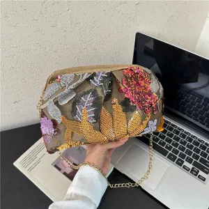 Borsa a tracolla chic con paillettes, stile cinese borsa da sera con catena per donna.