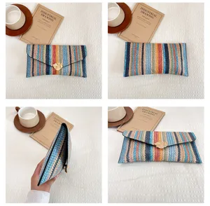 Colorblock woven clutch bag for women, ethnic style colorful envelope bag with gold clasp.