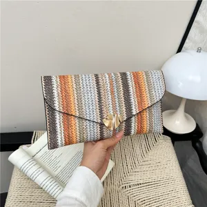 Women Woven Straw Envelope Clutch Bag Contrast Color Striped Handbag Ethnic Style Fashion Casual Party Square Clutch Bag