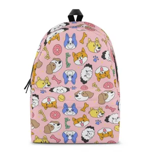 Pink cartoon dog print backpack for kids and students, cute all-over design with school bag.