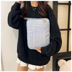 Koreaanse stijl blauw wit geruite tablet laptop hoes tas student lichtgewicht opbergtas