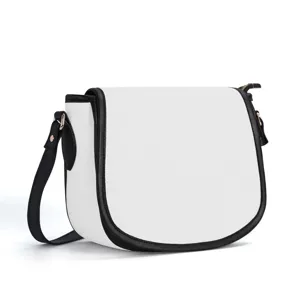 White PU leather saddle bag with black trim, minimalist crossbody shoulder bag product detail.