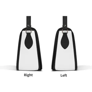 PU leather saddle bag side view detail, black and white color block, stylish shoulder bag.