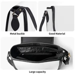 Detailed view of women saddle bag showing metal buckle, material and large capacity.