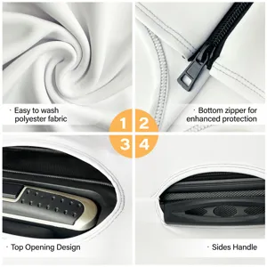 Detail view of white polyester luggage cover featuring top opening and side handle slots.