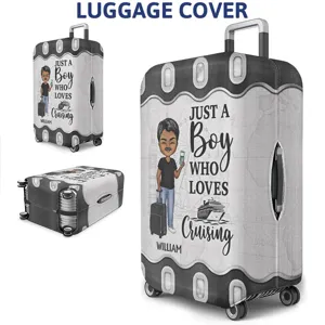 Custom luggage cover detail view showing elastic fabric and cartoon cruise print graphic.