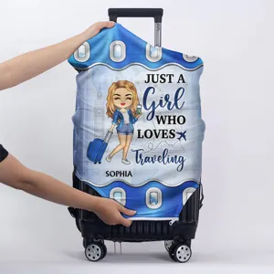 Custom travel luggage suitcase protective cover with cute cartoon girl travel design.