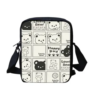 Sac bandoulière noir imprimé ours dessin animé mignon sac besace en toile décontracté