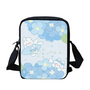 Sac bandoulière mignon imprimé dessin animé floral bleu pour femmes, sac fourre-tout tendance.