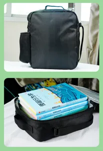 Bolsa de almuerzo térmica negra con bolsillo de malla lateral y correa ajustable.