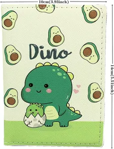 Detailed close-up view of the cute dinosaur and avocado pattern on the PU leather cover.