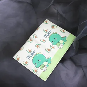 Cute dinosaur avocado print PU leather passport holder detail, minimalist travel card wallet.