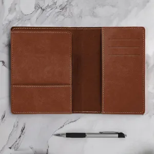 Brown PU leather passport holder detail, multi-slot travel document organizer cover pouch.