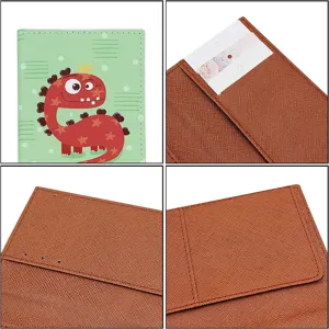 Detailed view of the cute dinosaur PU leather passport holder, showing interior slots.