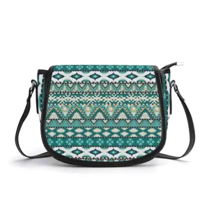 Ethnic Geometric Print PU Leather Saddle Bag Women Single Shoulder Crossbody Bag With Adjustable Strap Magnetic Closure Vintage Purse
