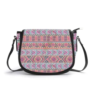 Ethnic style PU leather saddle bag with geometric print crossbody shoulder bag for women