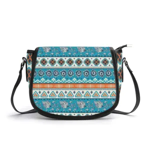Ethnic PU saddle bag for women, stylish crossbody shoulder bag with boho geometric print.