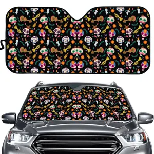 Skull Print Car Sunshade For Windshield UV Protection Heat Insulation Foldable Auto Sun Visor Protector Universal Fit Mexican Folk Art