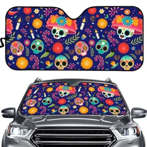 Cartoon Totenkopf Blumen Auto Frontscheibe Sonnenschutz Schaumstoff Aluminiumfolie Visier Wärmedämmung Reflektor Abdeckung Zubehör