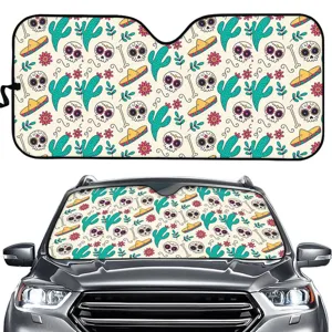 Car windshield sun shade with colorful Mexican skull cactus print summer sun protection 1pc