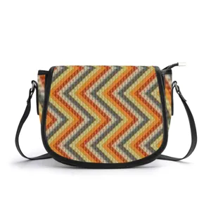 Ethnic style PU leather saddle bag with colorful chevron pattern and adjustable crossbody strap.