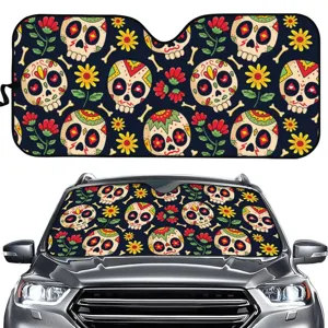 Car windshield sun shade with colorful Mexican sugar skull floral pattern UV protection front window