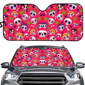 Car windshield sun shade with colorful Mexican sugar skulls pattern, summer UV protection.